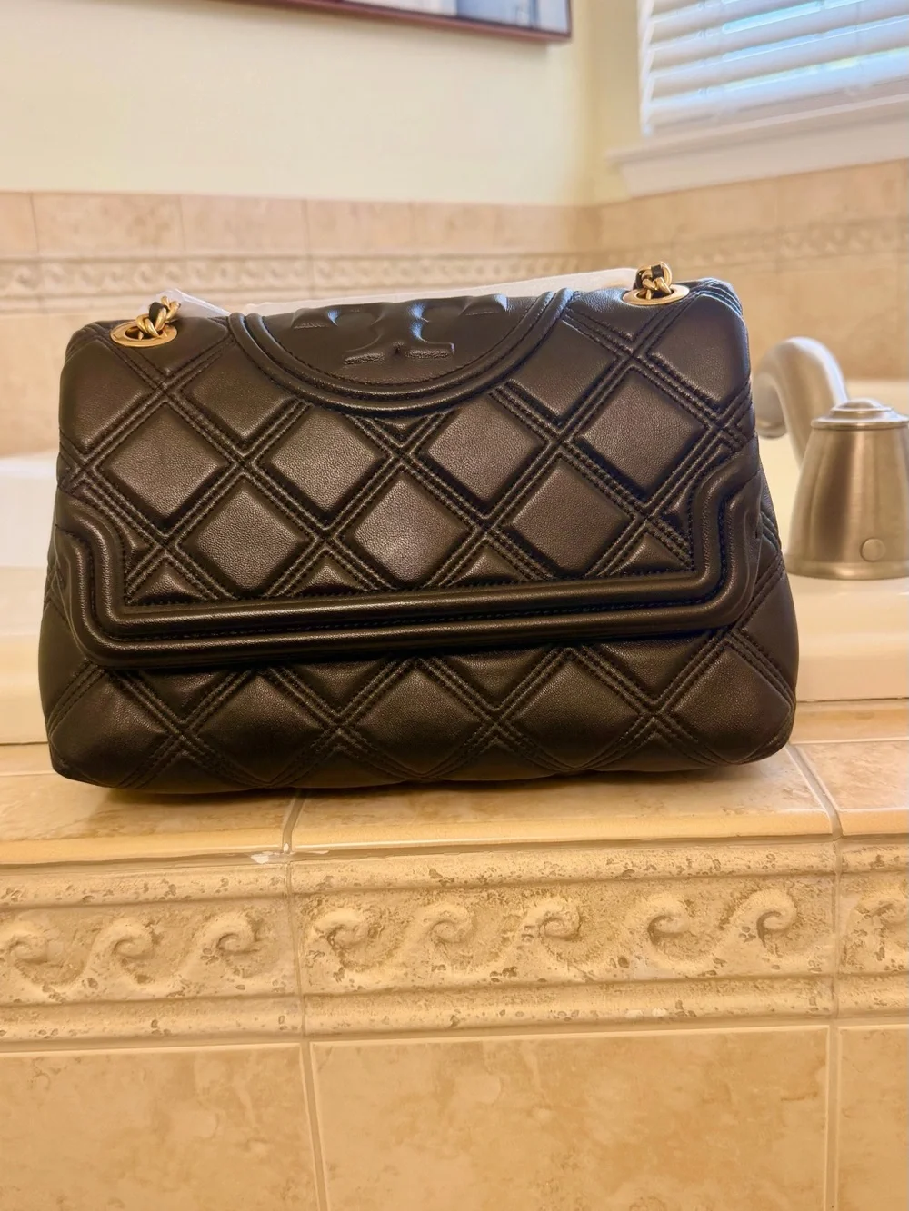 Tory Butch Fleming Quilted Black Leather Shoulder Bag with Gold Chain Hardware